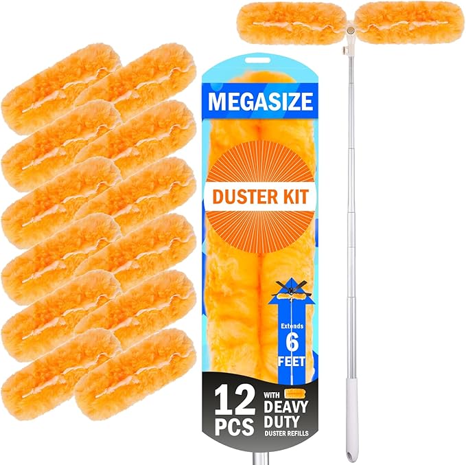 Extendable Duster Kit with 6FT Telescoping Handle & 12 PCS Duster Refills, 360° Disposable Microfiber Pads for Home Cleaning, Ceiling Fan, Blinds, Furniture