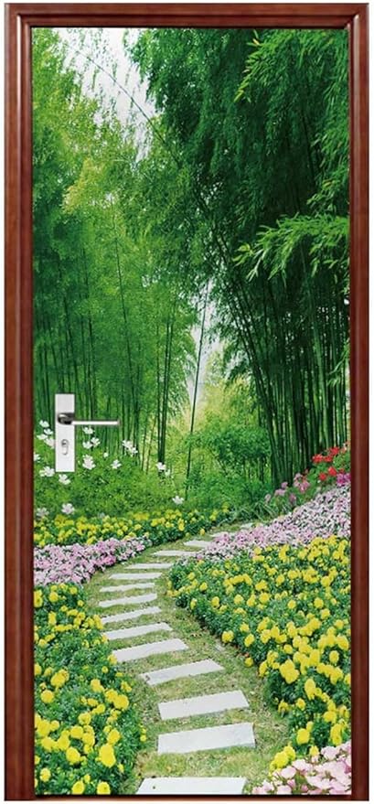 A.Monamour 3D Door Stickers for Interior Doors Garden Scenery with Flowers Trees and Path Nature Scenery Vinyl Waterproof Self Adhesive Door Mural Decals for Bedroom Office Bathroom 77x200cm