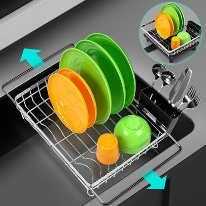 MERRYBOX Stainless Steel Dish Drying Rack, Expandable Dish Drainers for Kitchen Sink, Non-Slip & Durable - Sink Dish Rack with Large Cutlery Holder (Adjustable 15.4" to 23" cm)