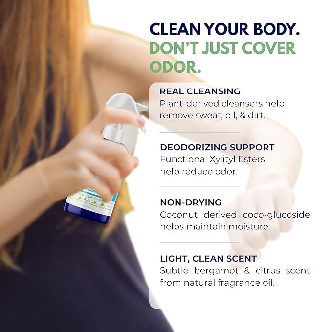 PRISTINE Body Cleansing Spray, No Rinse Waterless Body Wash Spray for Women & Men, Post Workout and Shower Alternative, Dry Shower for Camping, Travel and Elderly Care, Fresh Waters & Citron