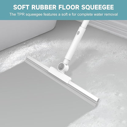 nacena Shower Scrubber with Long Handle, 4 in 1 Tile Tub Scrubber Brush with 3 Detachable Cleaning Shower Heads and Floor Squeegee Shower Cleaner Brush for Bathroom Kitchen Tub Sink Floor, Grey White