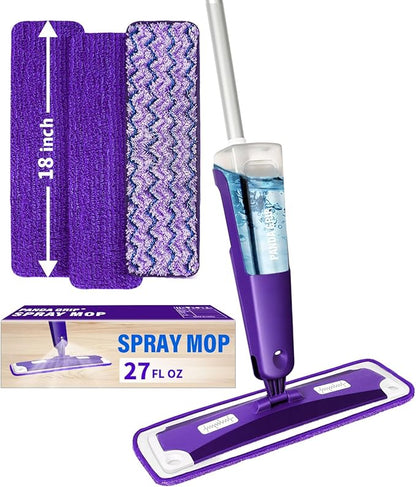 Mops for Floor Cleaning, Wet and Dry Spray Mop with Refillable Spray Bottle and 3 Washable Microfiber Pads Home or Commercial Use Flat Mop for Hardwood Laminate Wood Ceramic, Purple