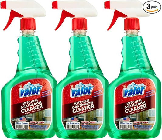 Valor Kitchen & Bathroom Cleaner Spray – Multi-Surface Degreaser & Limescale Cleaning Solution, Eco-Friendly Biodegradable Formula, (32 Fl Oz (Pack of 3))