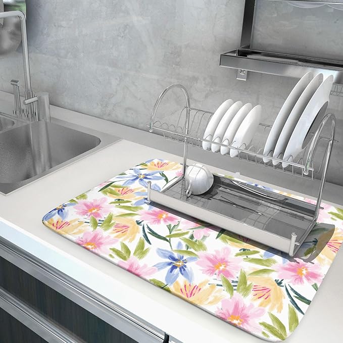 Aportt Spring Summer Floral Dish Drying Mat With Absorbent Reversible Microfiber Colorful Yellow Pink Blue Flowers Drying Mats 18 x 24 Inch Dish Drainer Mat Fast Dry For Kitchen Dining Room
