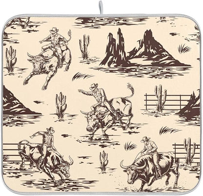 West Cactus Cowboy Dish Drying Mat for Kitchen Counter Absorbent Microfiber Drying Pad, Large 18x24 in, Reversible Drainer Mats