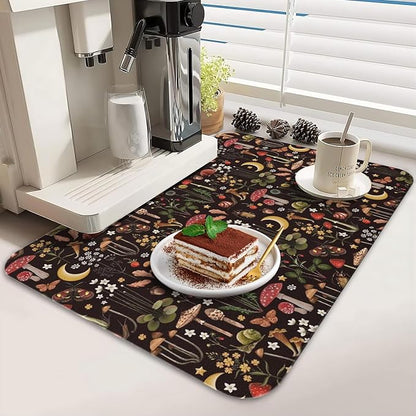Dish Drying Mat for Kitchen Counter 2 Pack with Non-Slip Rubber Backing - Heat-Resistant Absorbent Coffee Bar Mat, Dish Rack Mat, Mushrooms Dish Drying Mats 18x24+19.5x12 inch