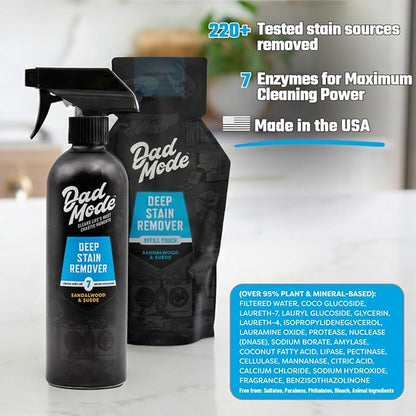 DadMode 7-Enzyme Laundry Stain & Odor Destroyer – Deep Cleaner for Extreme Clothing Messes Powered by Nuclease (DNAse) - Sandalwood & Suede, 16oz Refillable Bottle