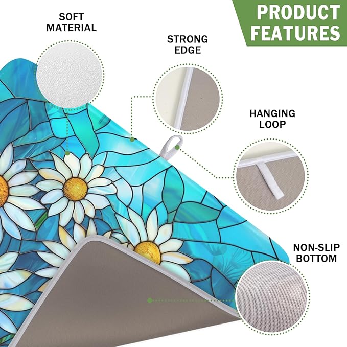 Daisy Drying Mat 18x16 Inch, Summer Spring Drying Mat with Absorbent Reversible Microfiber, Rustic Flowers Dish Drainer Mats Floral Rack Pad for Coffee Countertop Kitchen Protector