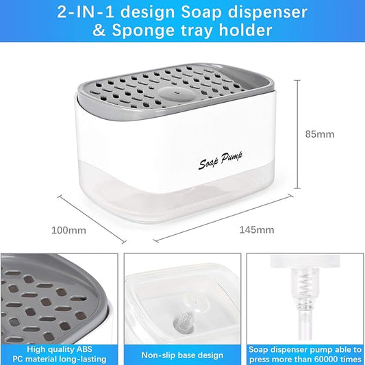 Kitchen Dish Soap Dispenser with Sponge Holder, 2-in-1 Countertop Soap Pump Dispenser, for Kitchen Sink Dishwashing Soap Dispenser - 12.5 Ounces
