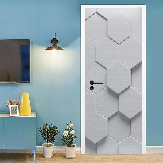A.Monamour 3D Door Stickers for Interior Doors White Hexagon Geometric Pattern Vinyl Waterproof Self Adhesive Door Mural Decals for Bedroom Office Bathroom 90x200cm