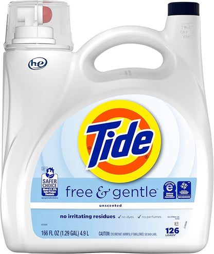 Tide Free & Gentle Liquid Laundry Detergent, 126 Loads, 166 fl oz, Tide Laundry Detergent, Clean Laundry Detergent