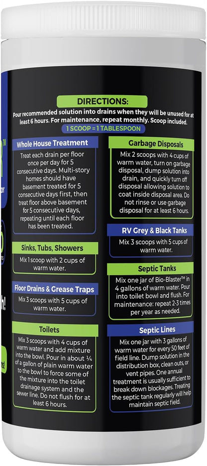 Enzyme Drain and Septic Cleaner and Friendly Bacteria Booster. Extra Large 2 lb. Deodorizes and Unclogs Pipes - Septic Tanks - RV Tanks-and More. No Caustic Chemicals! Dissolves Fats, Oil, and Grease.