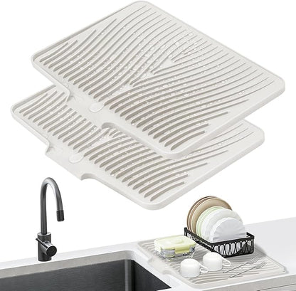 Silicone Dish Drying Mat for Kitchen Counter, Dish Drying Pad, Non-Slip Drain Pad with Built-in Drain, Heat Resistant Stone Drying Mat,Cream-2pcs