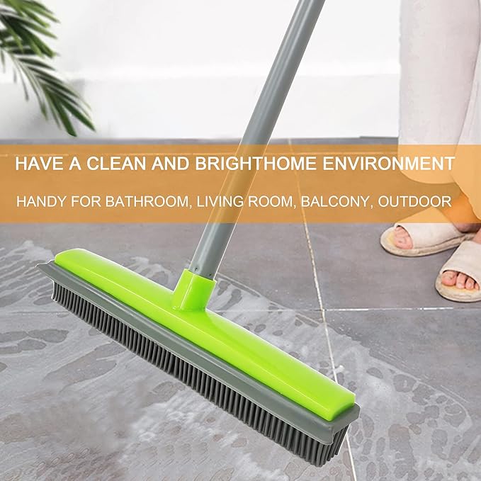 Push Broom Pet Hair Removal Broom with Squeegee,Soft Silicone Bristle Broom with Long Handle, Non Scratch Carpet Sweeper Brush for Cat/Dog Hair Hardwood Tile Windows(Green)