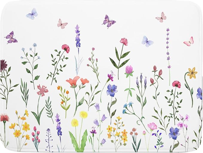 Watercolor Floral Dish Drying Mat for Kitchen Counter 18x24 Inch Spring Summer Wild Flower Butterfly Absorbent Reversible Microfiber Dish Drainer Rack Mats Countertops Protector Mat