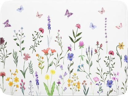 Watercolor Floral Dish Drying Mat for Kitchen Counter 18x24 Inch Spring Summer Wild Flower Butterfly Absorbent Reversible Microfiber Dish Drainer Rack Mats Countertops Protector Mat