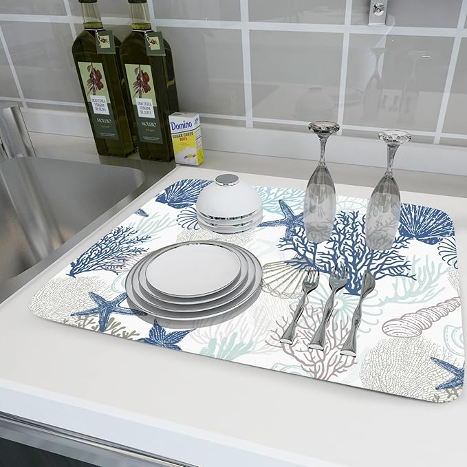 Summer Navy Blue Dish Drying Mat for Kitchen Counter 18×24 Inch Coral Drainer Pad Washable Starfish Dish Rack Pad Drainer Mat Beach Absorbent Reversible Microfiber Dish Drying Pad for Coffee Bar