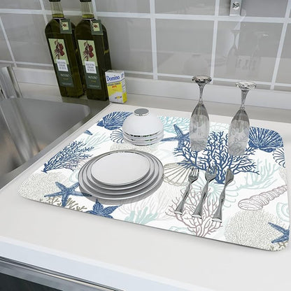 Summer Navy Blue Dish Drying Mat for Kitchen Counter 18×24 Inch Coral Drainer Pad Washable Starfish Dish Rack Pad Drainer Mat Beach Absorbent Reversible Microfiber Dish Drying Pad for Coffee Bar