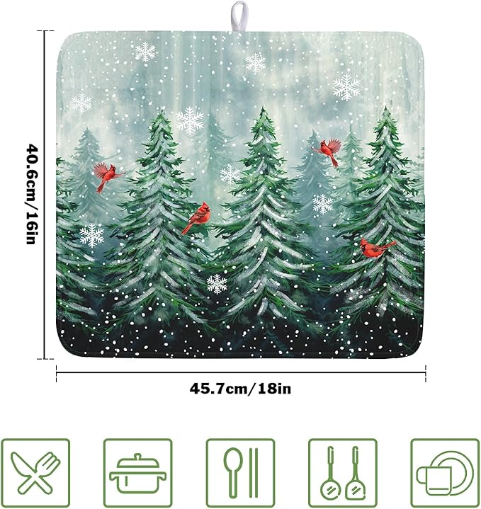 Welcome Winter Pines Tree Dish Drying Mat, Winter Snowflake Dish Drying Mat for Kitchen Counter, Red Birds Absorbent Fast Dry Dish Drainer Mat Protector Xmas Microfiber Dish Drying Pad 16"x18"