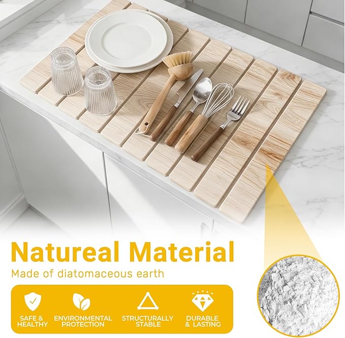 Dish Drying Mats, Large 24x16 Inch Diatomaceous Earth Drying Mat / Fast-Absorbing,Non-Slip Stone Drying Mat For Kitchen Counter / Eco-Friendly for Dishes(Dark wood grain)