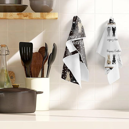 Happy Easter Kitchen Towels, Bunny Dish Towels Gifts for Cooking Cleaning Set of 4, Spring Rabbits Hand Towels with Hanging Loop for Bathroom Home Decor