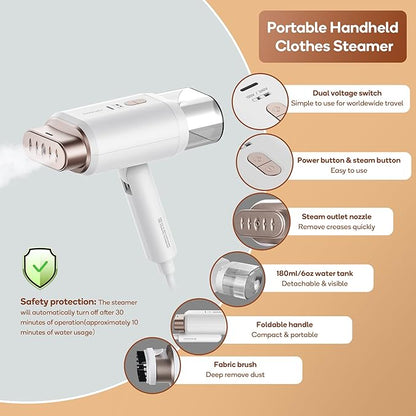 Newbealer Professional Business Travel Steamer, 1200W High-Power Dual Voltage (100-240V), Fast 20s Heat Up for Clothes Horizontal Vertical Steaming, Foldable & Solid 1.72 lbs, 180ml (Gold)