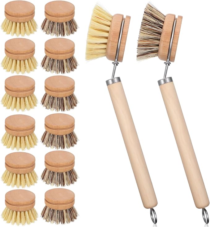 14pcs Dish Brush Replacement Heads Set with 2 Handles, 6 Sisal & 6 Coir Bristle Brush Heads for Kitchen Cleaning – Natural Wooden Scrubbers for Pots, Pans, Dishes – Eco Friendly