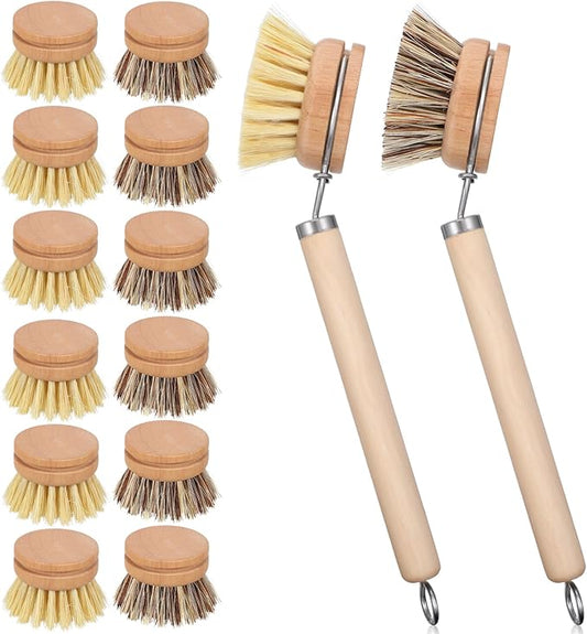 14pcs Dish Brush Replacement Heads Set with 2 Handles, 6 Sisal & 6 Coir Bristle Brush Heads for Kitchen Cleaning – Natural Wooden Scrubbers for Pots, Pans, Dishes – Eco Friendly