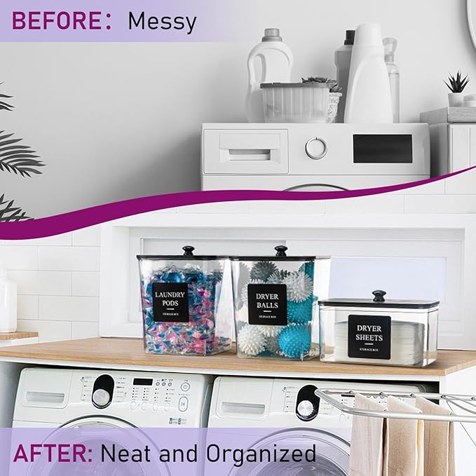 Laundry Pods Container, 3Pcs Acrylic Clear Laundry Room Organization Containers with Dryer Sheet Holder,Large Laundry Detergent Powder Storage Containers Black Wooden Lids & Labels