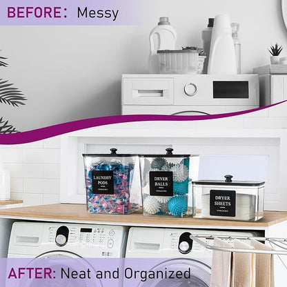 Laundry Pods Container, 3Pcs Acrylic Clear Laundry Room Organization Containers with Dryer Sheet Holder,Large Laundry Detergent Powder Storage Containers Black Wooden Lids & Labels