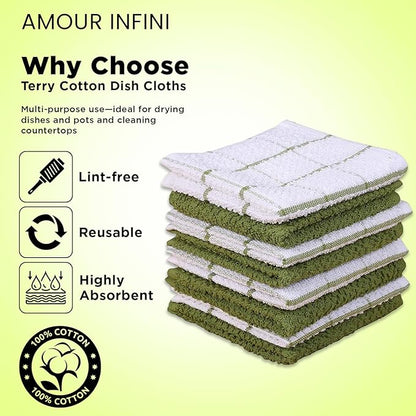 AMOUR INFINI Cotton Kitchen Dish Cloths Set of 8 – Highly Absorbent, Super Soft Premium Terry Cleaning Cloth (12"x12" Inch) Premium Dishcloths for Washing Dishes (Green)