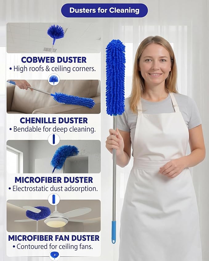 Dusters for Cleaning, 5-in-1 Dusters, Ceiling Fan Cleaner Duster with Extension Pole, Microfibe, Cobweb and Chenille Duster for Fans, Blubs, Cars, Blinds and Furniture