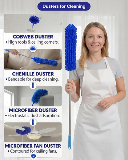 Dusters for Cleaning, 5-in-1 Dusters, Ceiling Fan Cleaner Duster with Extension Pole, Microfibe, Cobweb and Chenille Duster for Fans, Blubs, Cars, Blinds and Furniture