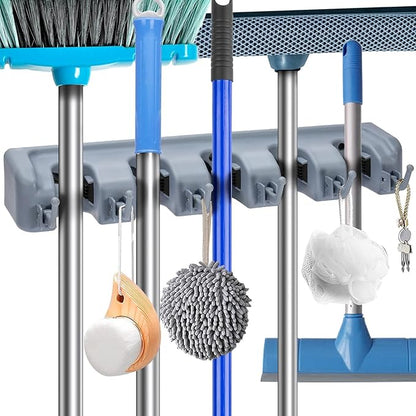 Berry Ave 5 Racks 6 Hooks Mop and Broom Holder Wall Mount, Broom Organizer Storage Tool Rack, Heavy Duty Wall Mount for Brooms and Mops, Utility Closet Garage Kitchen Laundry Organizer