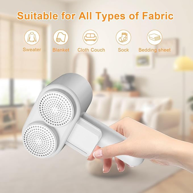 Dual-Head Electric Fabric Shaver & Lint Remover - 6 Leaf Blades, 3 Modes, Rechargeable Battery for Clothes, Couch, Furniture - Defuzzer with Long-Lasting Power