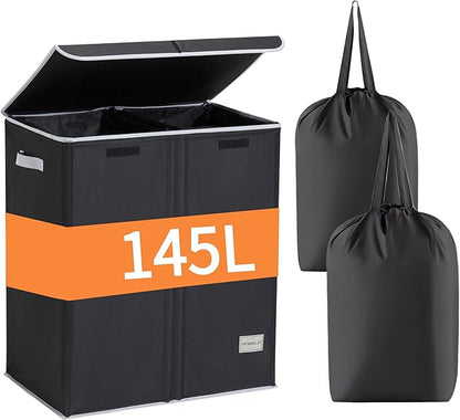 Dual Laundry Hamper with Lid and 2 Removable Liners, 145L Laundry Basket, 2 Sections for Easy Sorting, Collapsible Design, Dirty Clothes Hampers, Bedroom, Dorm, College, Black