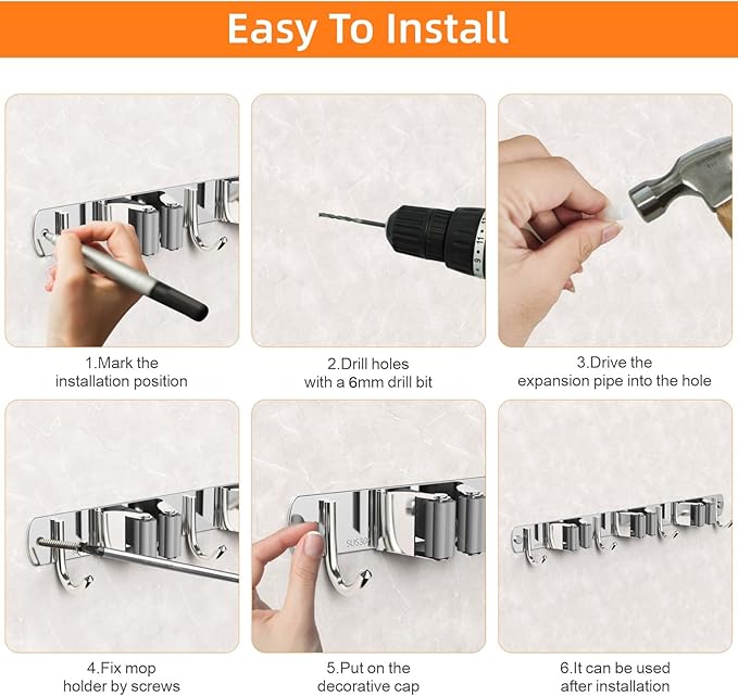 CUXIXA 2 Pack Mop and Broom Holder Wall Mount, Non-slip Broom Hanger Wall Mount, Heavy Duty Mop Broom Organizer for Kitchen Garden Garage Laundry Room Wall Decor Organization and Storage Silver 5R4H