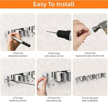 CUXIXA Mop and Broom Holder Wall Mount, Upgraded Broom Organizer Wall Mount, Stainless Steel Broom Hanger Wall Mount for Home Kitchen Garden Laundry Garage (4 Racks with 5 Hooks Silver)