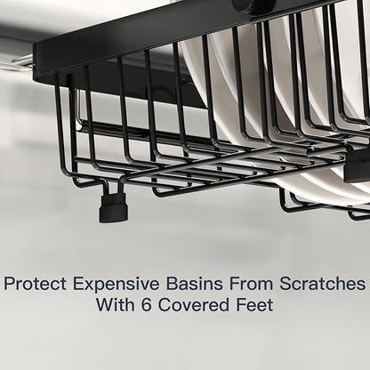 MAJALiS Expandable Stainless Steel Over The Sink Dish Drying Rack for Small Kitchen Counter Space Saving, Compact RV Plate Drainer Strainer in Black Wire Metal with Hanging Adjustable Utensil Holder
