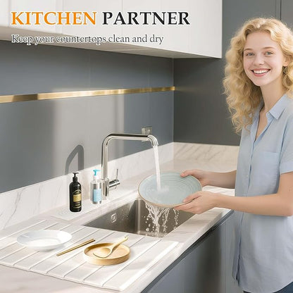 2-in-1 Stone Drying Mat Kit – Faucet Mat for Kitchen Sink & Drying Stone for Countertop, Quick Dry Diatomaceous Earth Dish Mat Set, Foldable & Non-Slip for Dishes & Bottles