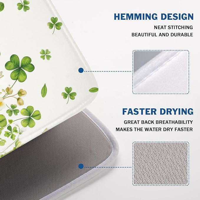 St Patrick's Day Dish Drying Mat 18 x 24 Inch Green Clover Dish Drainer Rack Mat Absorbent Microfiber Mats for Shamrock Dish Pad Spring Lucky Dish Pad for Kitchen Bar Decor