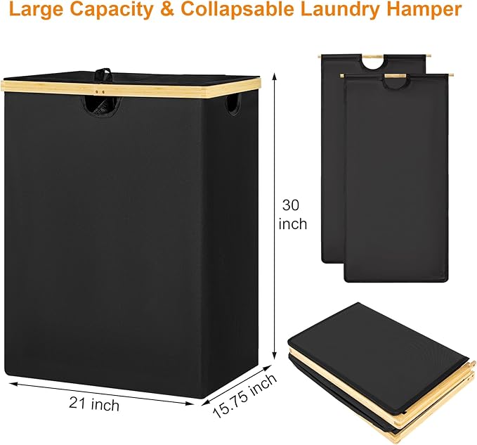WOWLIVE 165L Double Laundry Hamper with Lid Bamboo Laundry Basket 2 Section,Large Dirty Clothes Hamper with Removable Linner Bags,Laundry Bin Organizer Storage for Dorm,Bedroom,Bathroom,Black