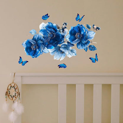 Blue Flower Wall Decals Peel and Stick Peony Floral Wall Sticker Decor Removable Peonies Bouquet Wall Murals with Butterflies for Girls Bedroom Living Room Bathroom Hallway Door Office Kids Nursery