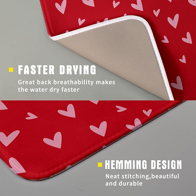 Valentines Dish Drying Mat for Kitchen Counter 16x18 Inch Valentine's Day Red Pink Love Heart Print Absorbent Reversible Microfiber Drying Mats Kitchen Countertop Protector Dishes Drainer Rack Pad