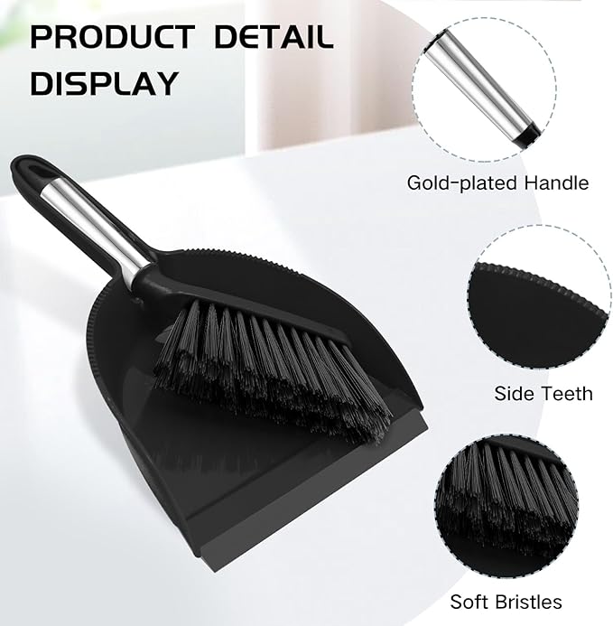 NACENA Mini Broom and Dustpan Set 2 Packs, Small Dust Pan and Brush Set with Handle Dustpan Teeth for Cleaning Hair Suitable for Office Desks Drawers Sofas Outdoor Camping, Black