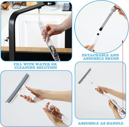 Lothee 2pcs 3 in 1 Window Squeegee, 23'' Long Handle Window Cleaning Scraper, Squeegee and Scrubber with Spray for Walls, Car Windshields, Bathrooms, Kitchens (Blue,White)