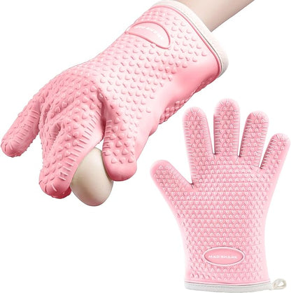 MAD SHARK Silicone Oven Mitts Heat Resistant 450 Degrees,Waterproof & Non-Slip Oven Gloves with Fingers,Cotton Lined Silicone Oven Gloves Kitchen Mitts for Baking Cooking Barbecue,Women (Pink)