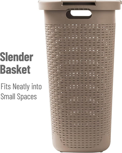 Mind Reader Slim Laundry Hamper with Lid, 60L Tall Clothes Basket, Narrow Tapered Design for Bathrooms, Closets and Laundry Rooms, Plastic, Tan