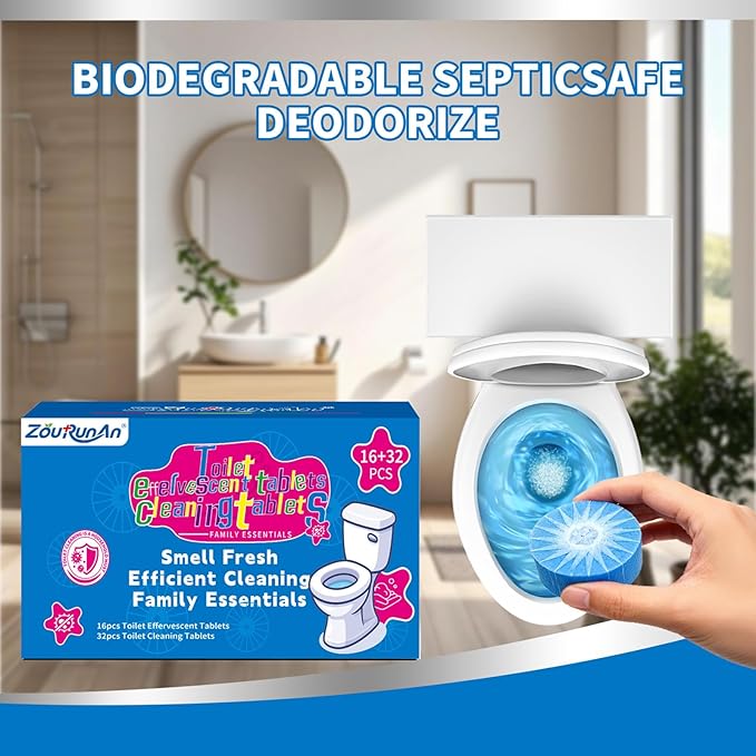 2-in-1 Toilet Cleaning Tablets (48 Pack) - 16 Effervescent Toilet Bowl Stain Remover and 32 Blue Toilet Tank Cleaner Tablets - Limescale Removal for Septic System
