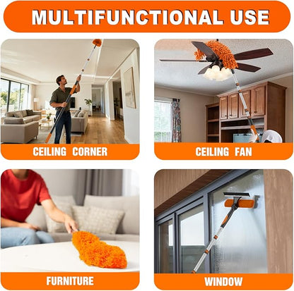 20FT Reach High Ceiling Duster Kit, Window Cleaning kit with 3-12FT Extension Pole, Fan Duster for Ceiling Fan Blades, Microfiber Feather Duster, Rotatable Window Squeegee and Cobweb Duster